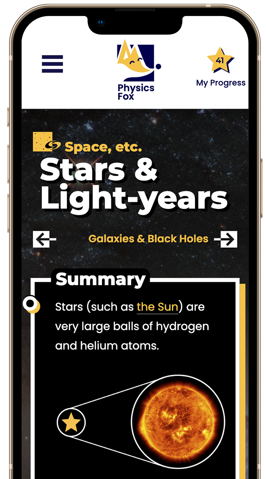 An iPhone on the 'stars and light-years' page of PhysicsFox.org