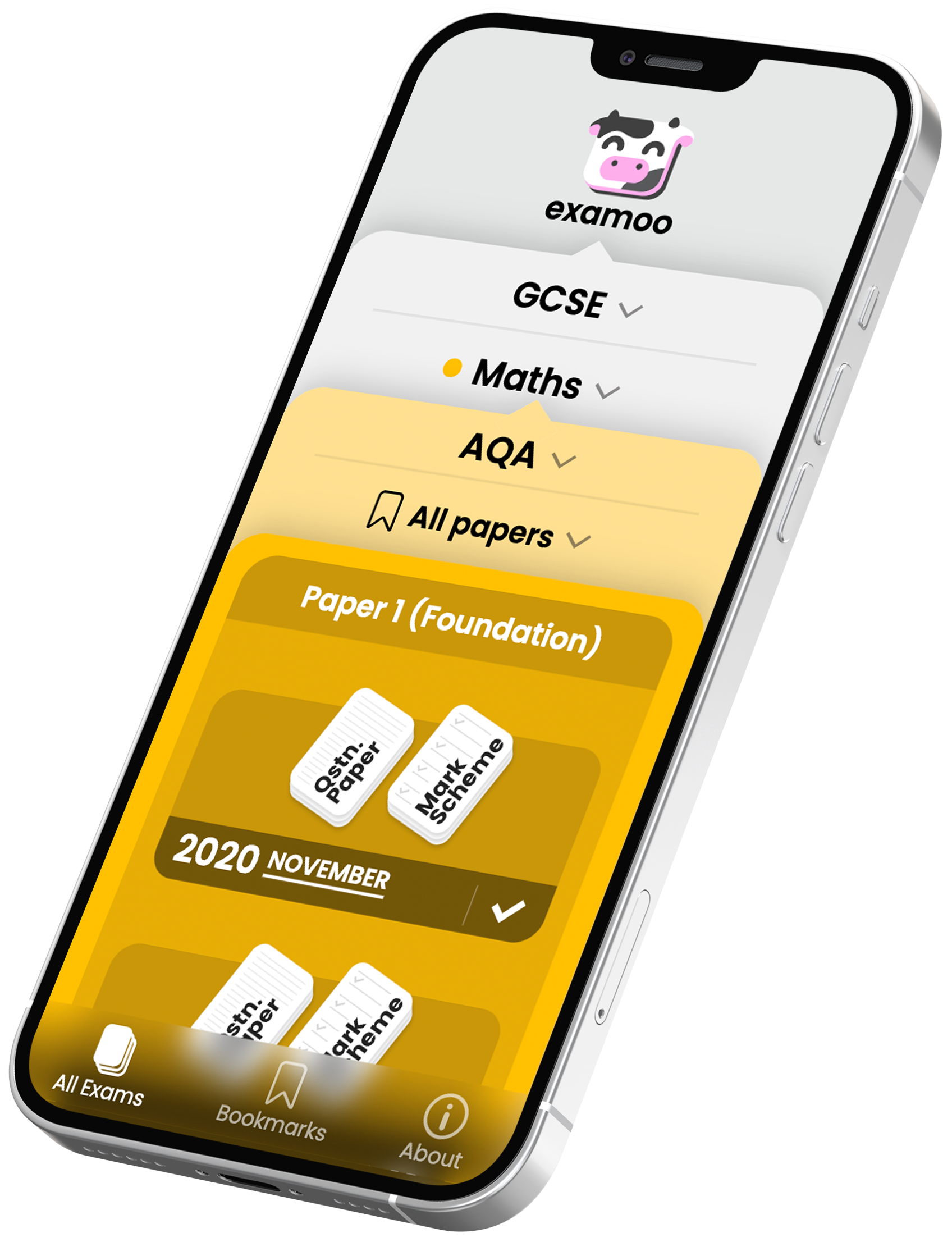 An iPhone showing the GCSE Maths AQA page of www.examoo.co.uk.